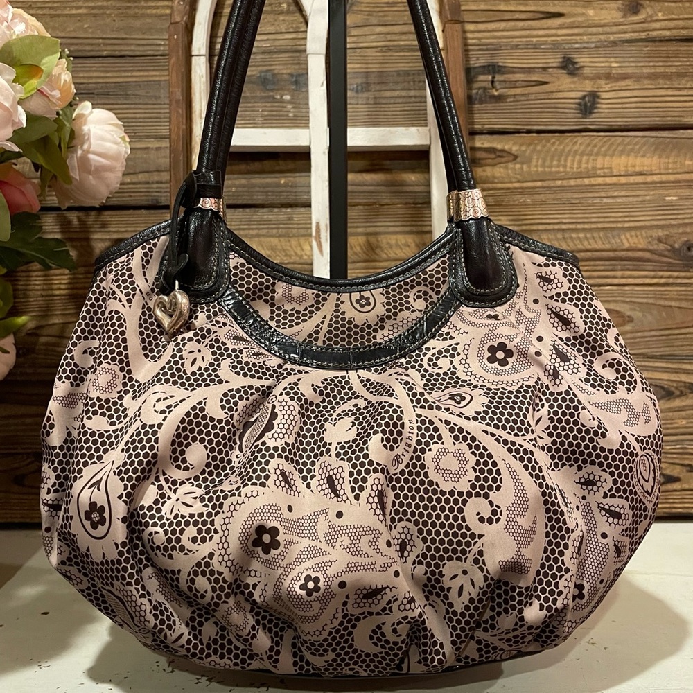 Brighton Chryssa Black & Tan Floral Paisley Design Shoulder Bag Tote NWOT